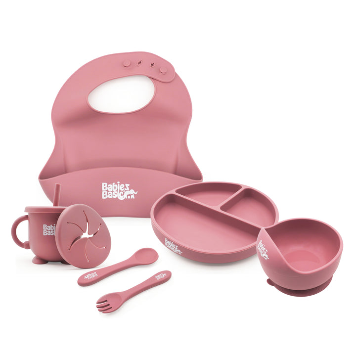 Babies Basic Feeding Set, 6 Piece, Silicone Plate, Bowl, Bib, Spoon , Fork and  2 in 1 Cup - Dusty Pink