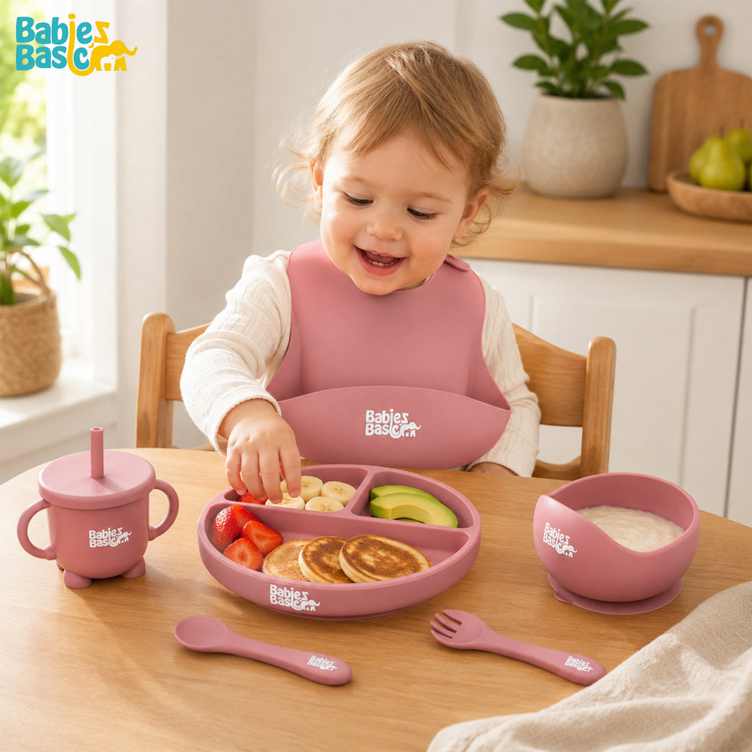 Babies Basic Feeding Set, 6 Piece, Silicone Plate, Bowl, Bib, Spoon , Fork and  2 in 1 Cup - Dusty Pink