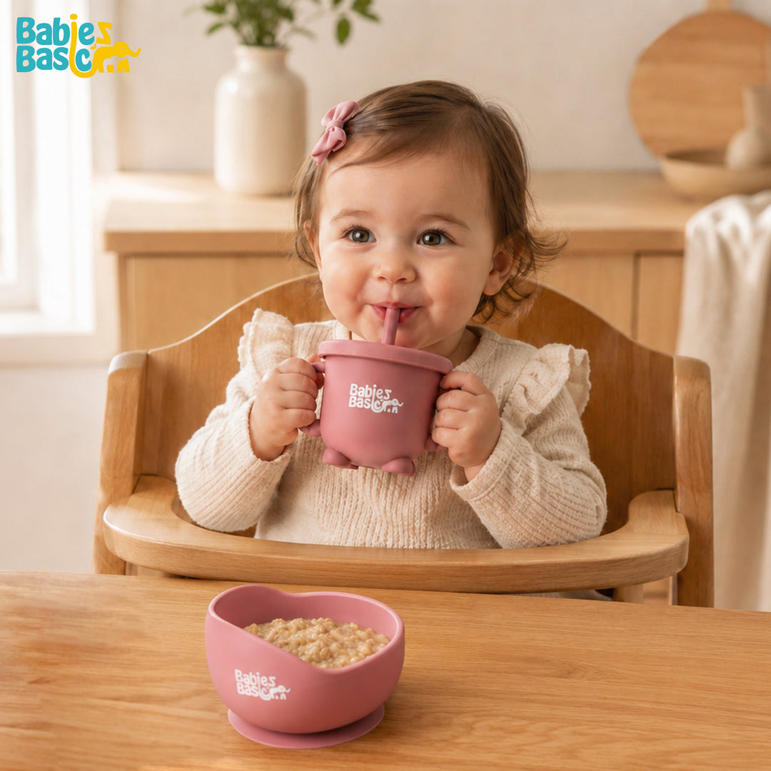 Babies Basic Feeding Set, 6 Piece, Silicone Plate, Bowl, Bib, Spoon , Fork and  2 in 1 Cup - Dusty Pink