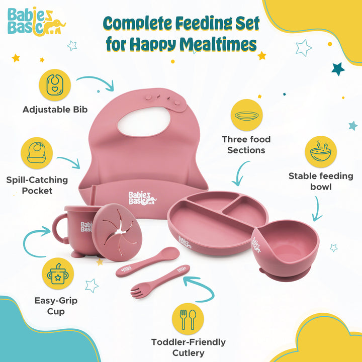Babies Basic Feeding Set, 6 Piece, Silicone Plate, Bowl, Bib, Spoon , Fork and  2 in 1 Cup - Dusty Pink