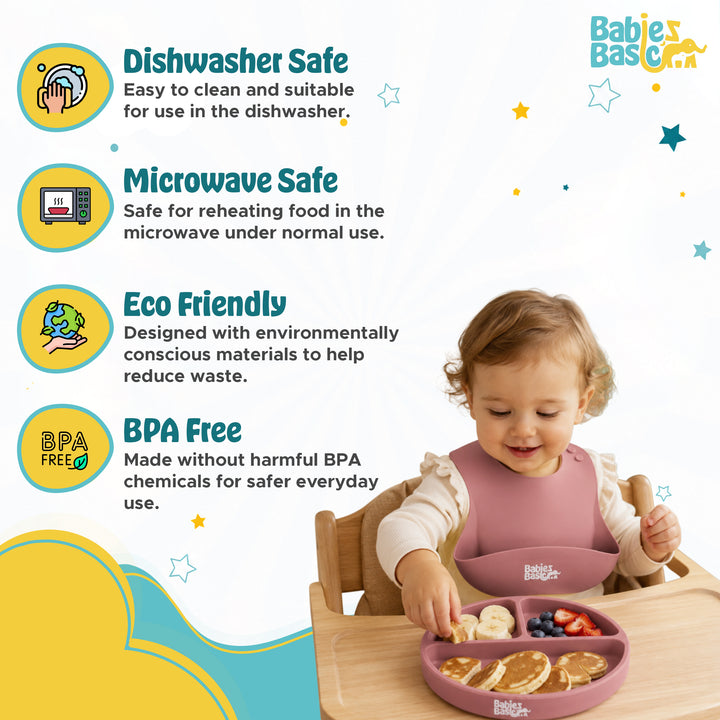Babies Basic Feeding Set, 6 Piece, Silicone Plate, Bowl, Bib, Spoon , Fork and  2 in 1 Cup - Dusty Pink