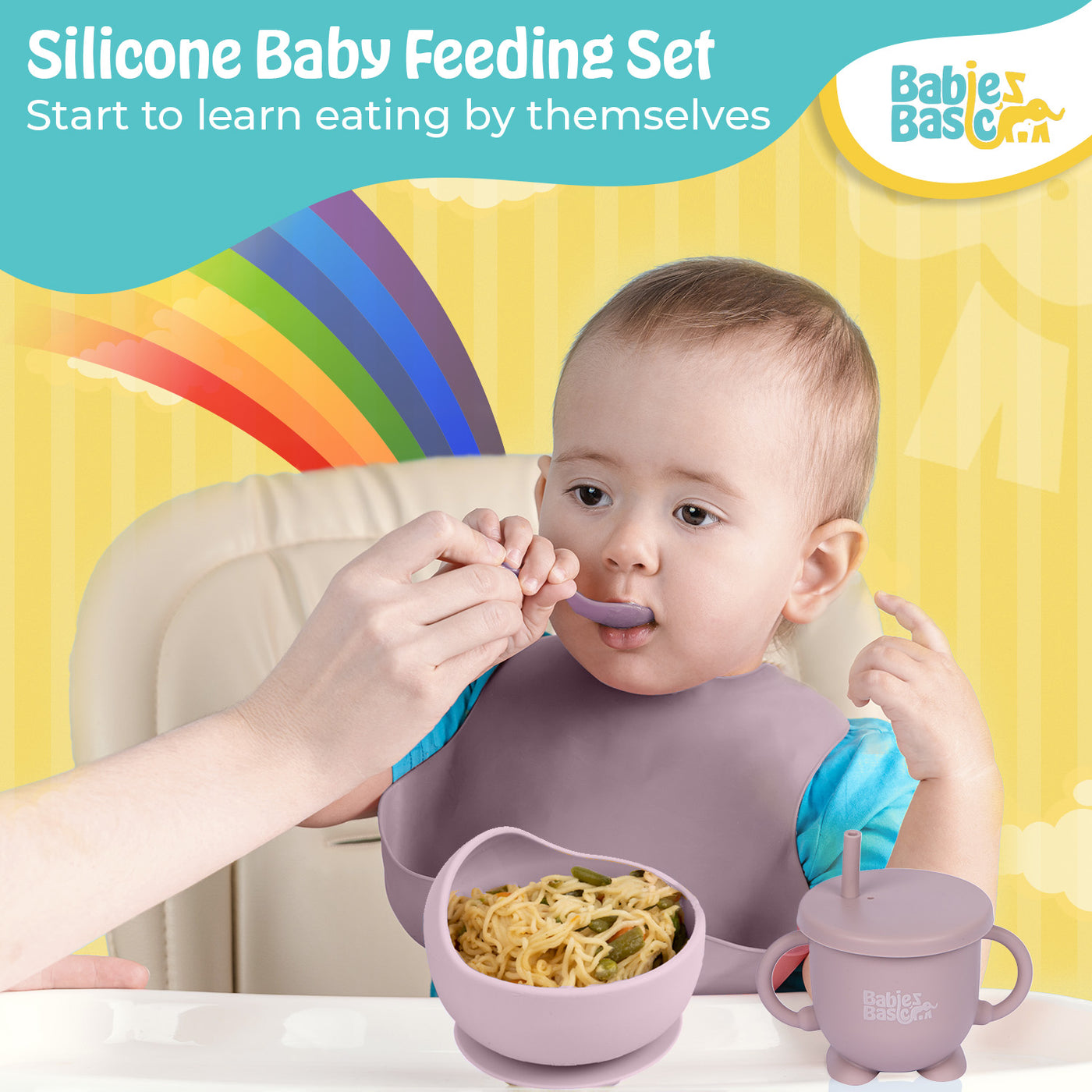 Babies Basic - Silicone Plate, Bowl, Cup, Bib, Spoon & Fork Set - 6pcs - Blush