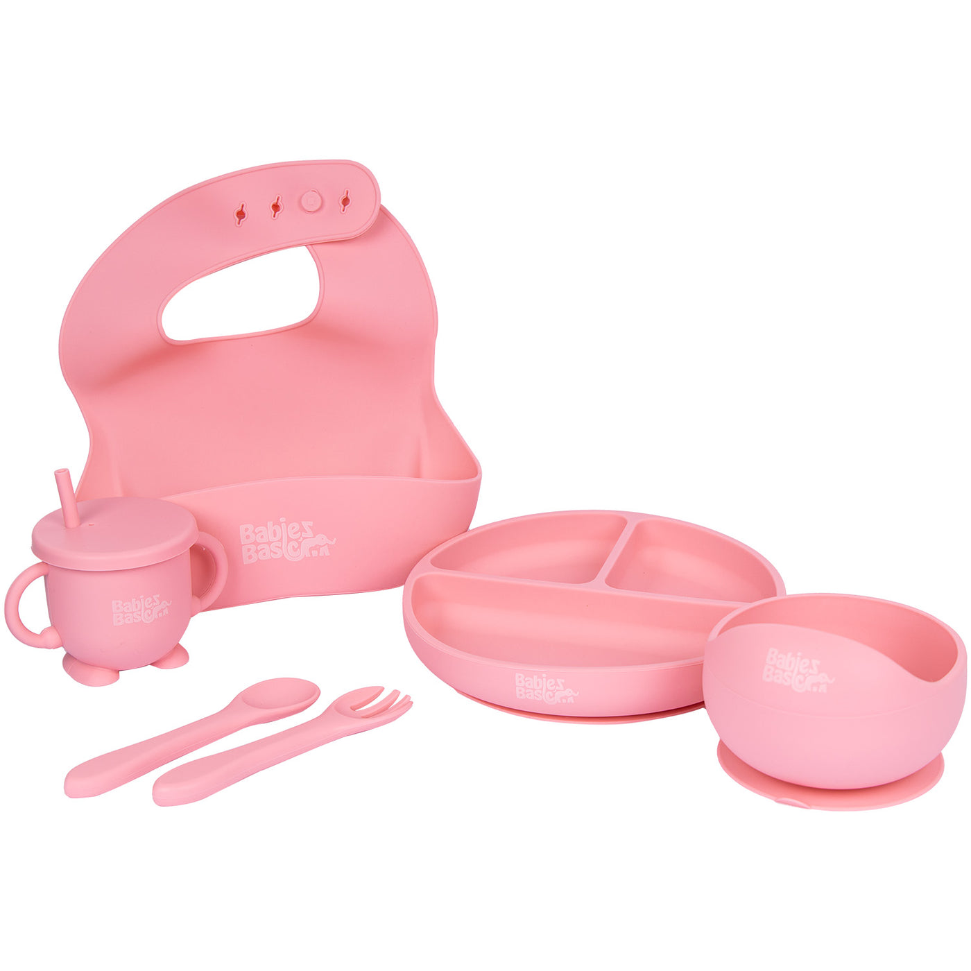 Babies Basic - Silicone Plate, Bowl, Cup, Bib, Spoon & Fork Set - 6pcs - Pink