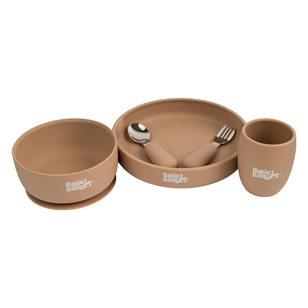 Babies Basic - Silicone Plate, Bowl, Cup And Stainless Steel Cutlery Set With Case - Brown - 5pcs