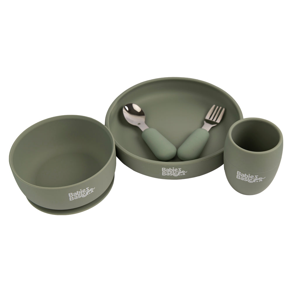 Babies Basic - Silicone Plate, Bowl, Cup And Stainless Steel Cutlery Set With Case - Green- 5pcs