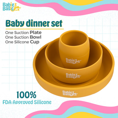 Babies Basic - Silicone Plate, Bowl, Cup And Stainless Steel Cutlery Set With Case - Yellow- 5pcs