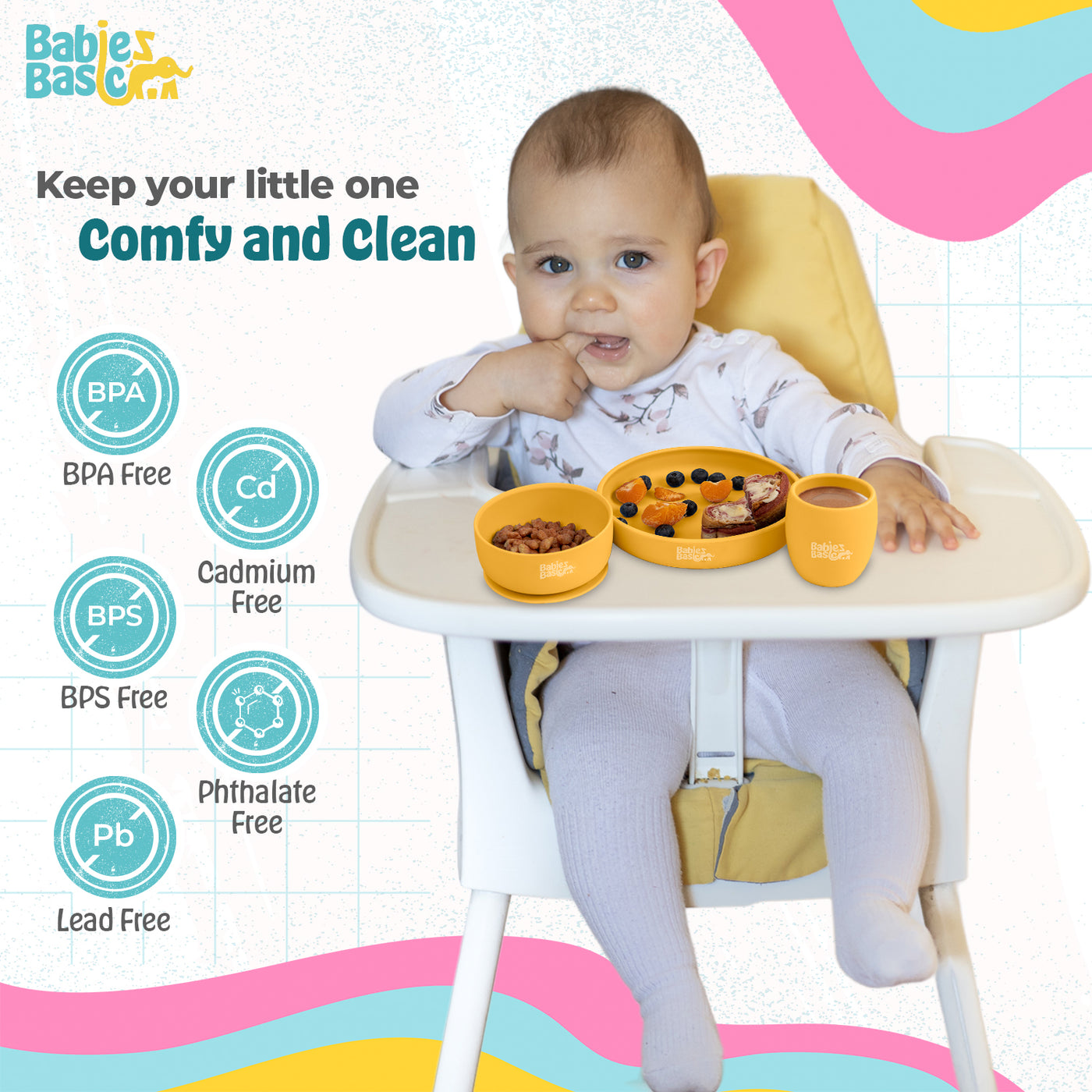 Babies Basic - Silicone Plate, Bowl, Cup And Stainless Steel Cutlery Set With Case - Yellow- 5pcs