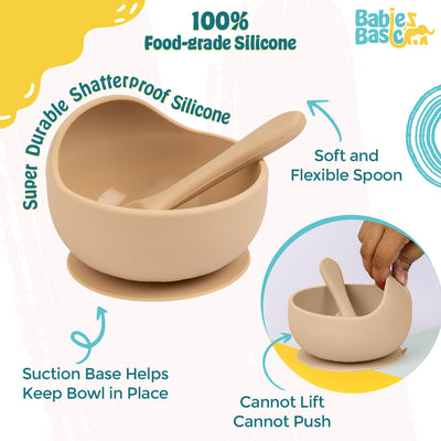 Babies Basic - Silicone Bowl & Spoon Feeding Set - 2pcs - Beige