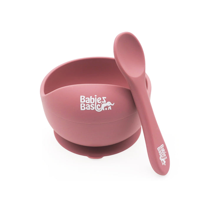 Babies Basic Feeding Set, 2 Piece Silicone Set with Silicone Suction Bowl and Silicone Spoon - Dusty Pink