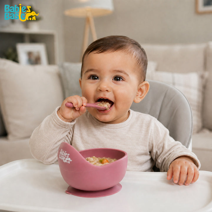 Babies Basic Feeding Set, 2 Piece Silicone Set with Silicone Suction Bowl and Silicone Spoon - Dusty Pink