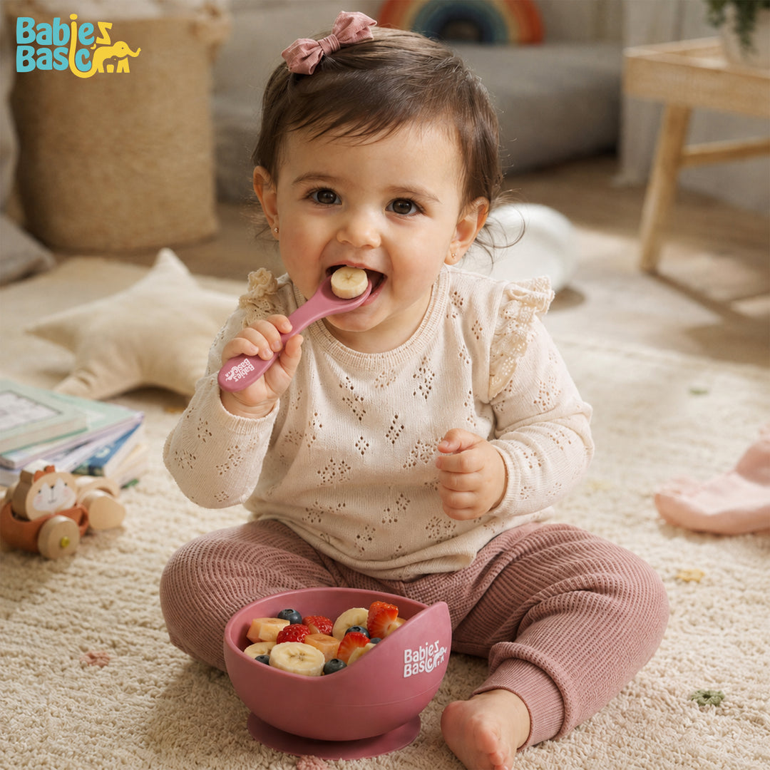 Babies Basic Feeding Set, 2 Piece Silicone Set with Silicone Suction Bowl and Silicone Spoon - Dusty Pink