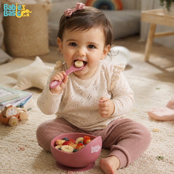 Babies Basic Feeding Set, 2 Piece Silicone Set with Silicone Suction Bowl and Silicone Spoon - Dusty Pink