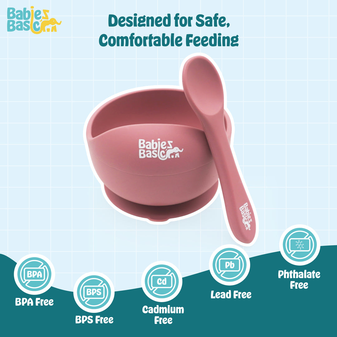 Babies Basic Feeding Set, 2 Piece Silicone Set with Silicone Suction Bowl and Silicone Spoon - Dusty Pink