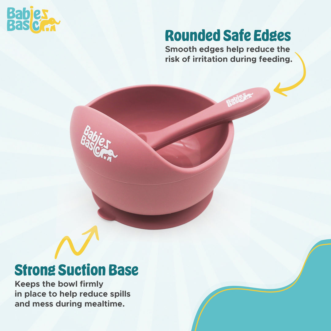 Babies Basic Feeding Set, 2 Piece Silicone Set with Silicone Suction Bowl and Silicone Spoon - Dusty Pink