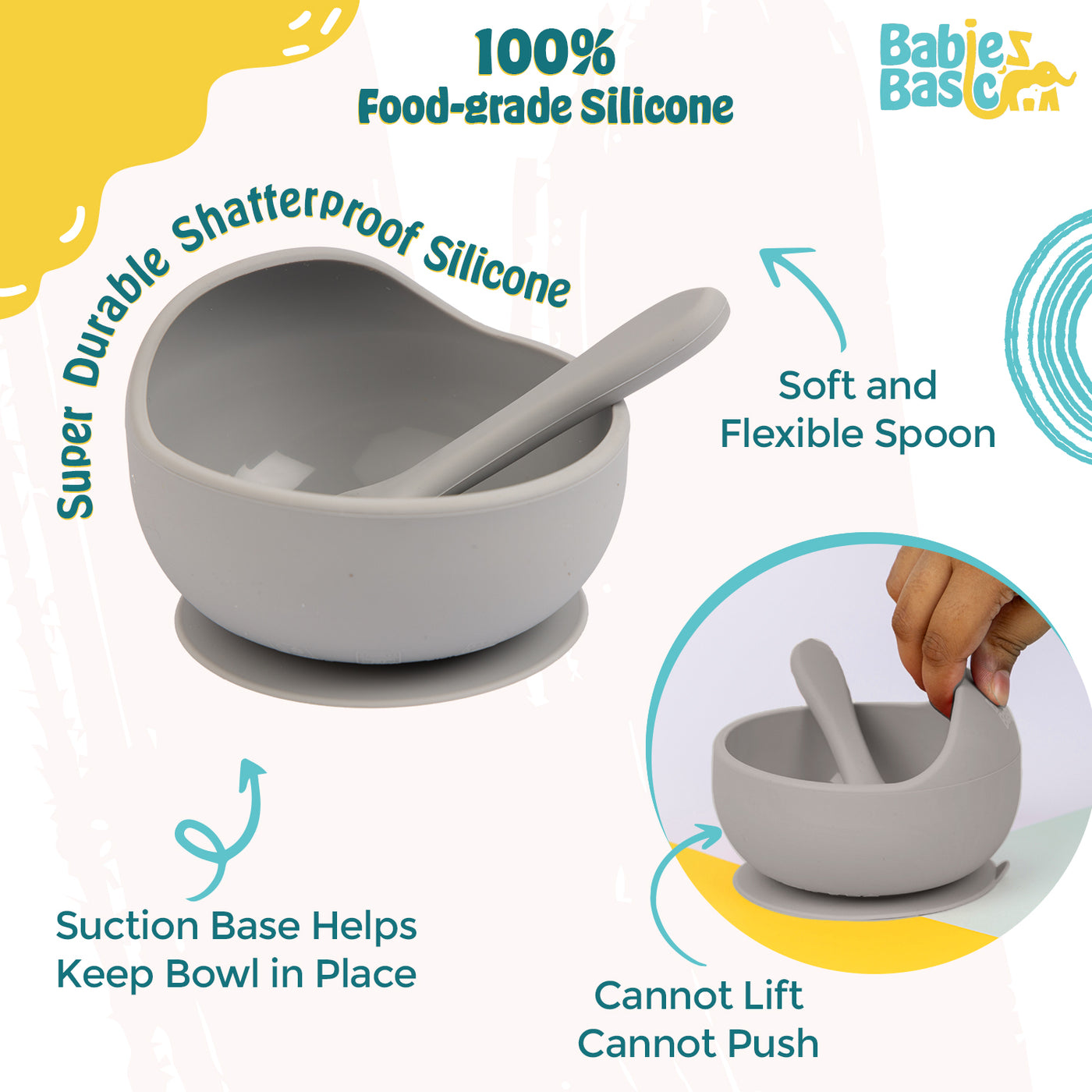 Babies Basic - Silicone Bowl & Spoon Feeding Set - 2pcs - Grey