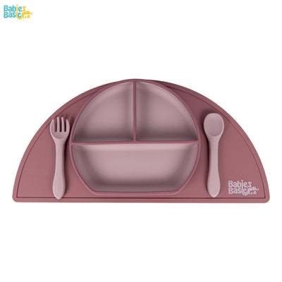 Three Piece 2-tone Silicone Feeding Set, Silicone Suction Plate with silicone Spoon and Fork - Pink