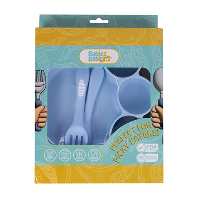 Three Piece Paw Silicone Feeding Set, Silicone Suction Plate with silicone Spoon and Fork - Blue