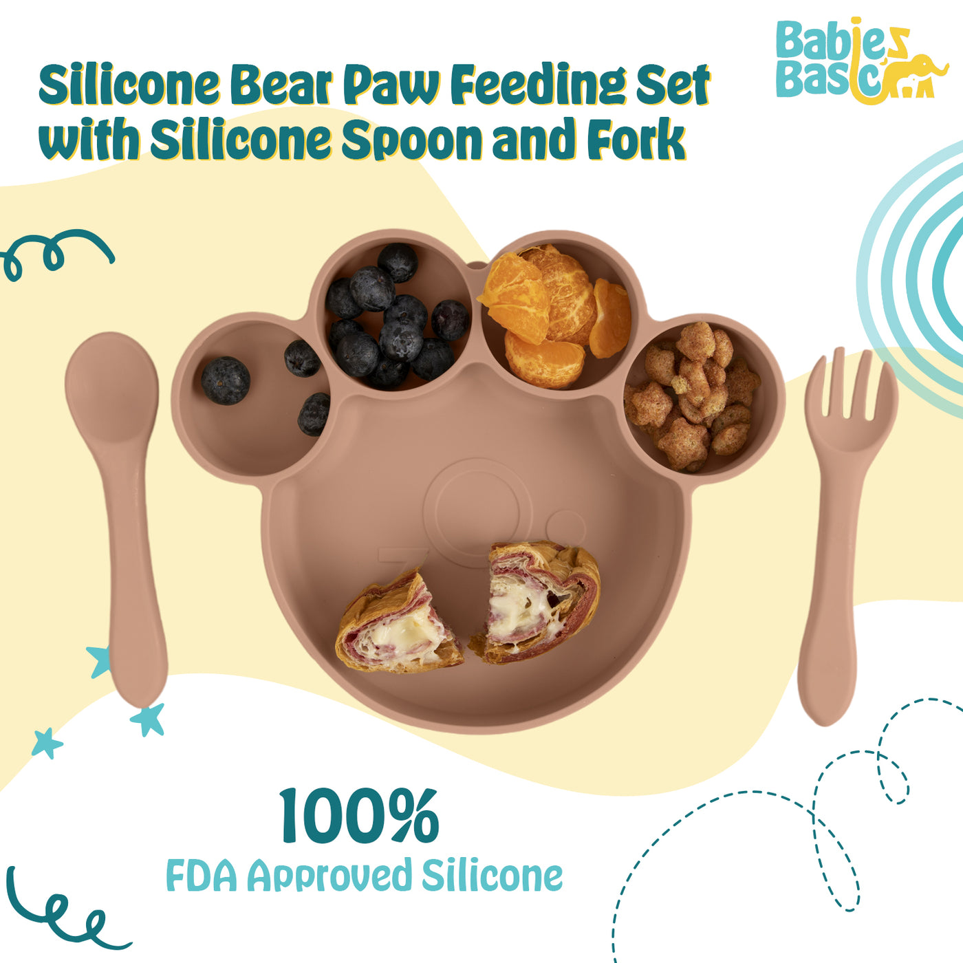 Three-Piece Paw Silicone Feeding Set - Brown | Includes Suction Plate, Spoon, and Fork | Non-Toxic & Easy to Clean |  For Cute and Safe Mealtimes