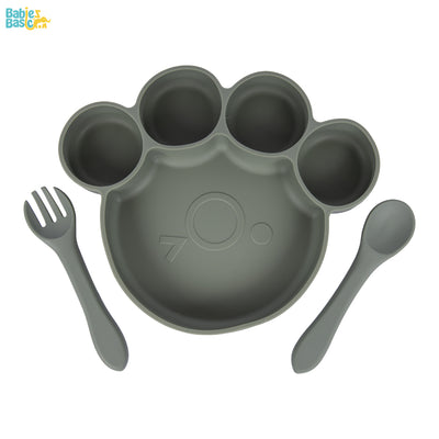 Three Piece Paw Silicone Feeding Set, Silicone Suction Plate with silicone Spoon and Fork - Green