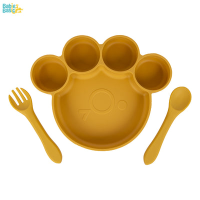 Three Piece Paw Silicone Feeding Set, Silicone Suction Plate with silicone Spoon and Fork - Yellow