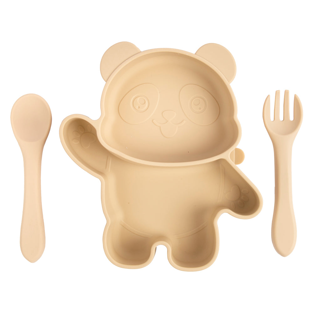 Babies Basic - Panda Shape  Silicone Suction Plate With Spoon And Fork - Beige