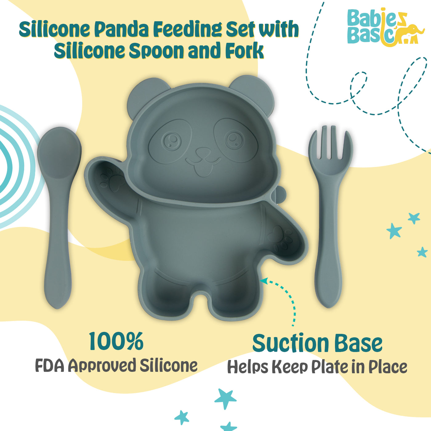 Three-Piece Silicone Panda Feeding Set - Green | Includes Suction Plate, Spoon, and Fork | Non-Toxic & Easy to Clean |  For Cute and Safe Mealtimes