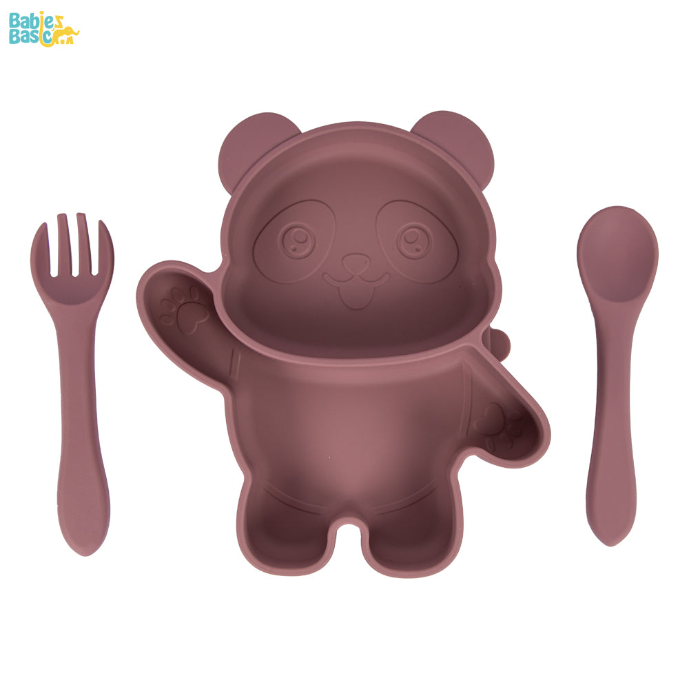 Three-Piece Silicone Panda Feeding Set - Pink | Includes Suction Plate, Spoon, and Fork | Non-Toxic & Easy to Clean |  For Adorable and Safe Mealtimes