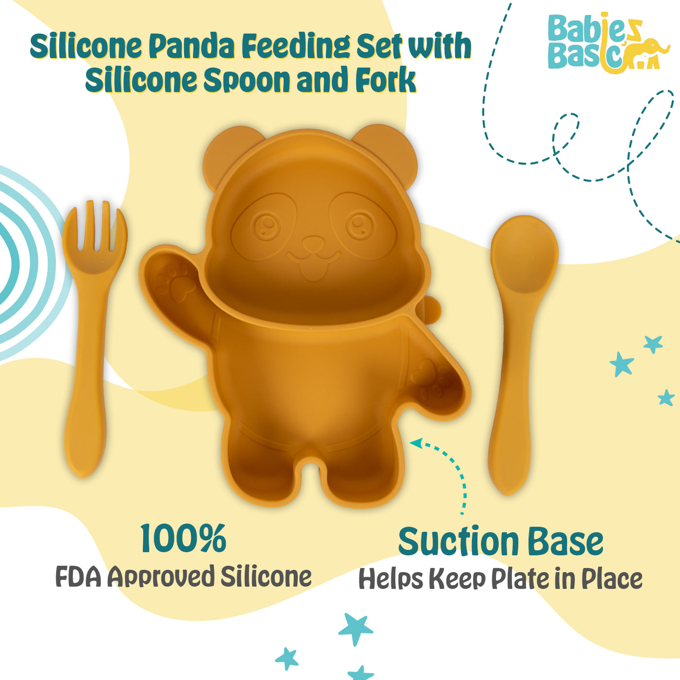 Three-Piece Silicone Panda Feeding Set - Yellow | Includes Suction Plate, Spoon, and Fork | Non-Toxic & Easy to Clean |  For Bright and Safe Mealtimes