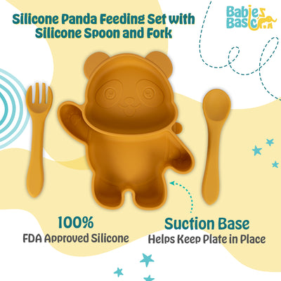 Three-Piece Silicone Panda Feeding Set - Yellow | Includes Suction Plate, Spoon, and Fork | Non-Toxic & Easy to Clean |  For Bright and Safe Mealtimes