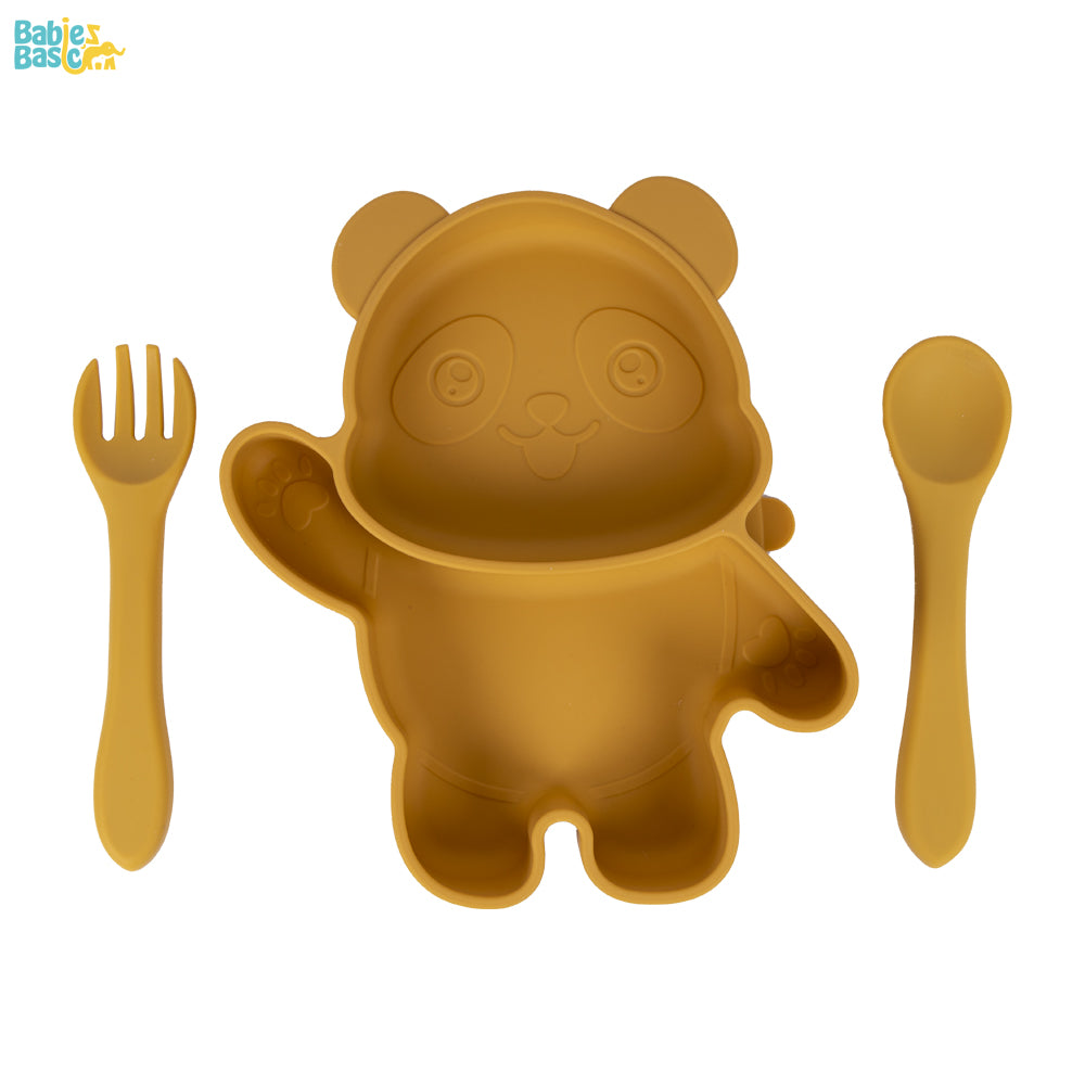 Three Piece Silicone Panda Feeding Set ,Silicone Suction Plate with silicone Spoon and Fork- Yellow