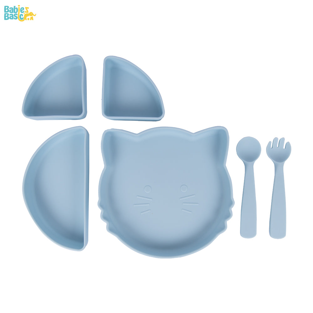 Feeding Set with removable sections , 3 Piece, Silicone Plate with silicone Spoon and Fork- Blue