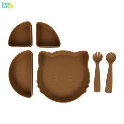 Feeding Set with removable sections , 3 Piece, Silicone Plate with silicone Spoon and Fork- Brown