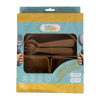 Feeding Set with removable sections , 3 Piece, Silicone Plate with silicone Spoon and Fork- Brown