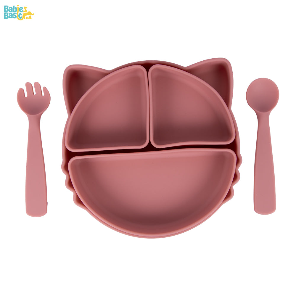 Feeding Set with removable sections , 3 Piece, Silicone Plate with silicone Spoon and Fork- Pink