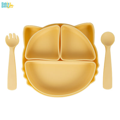 Feeding Set with removable sections , 3 Piece, Silicone Plate with silicone Spoon and Fork- Yellow