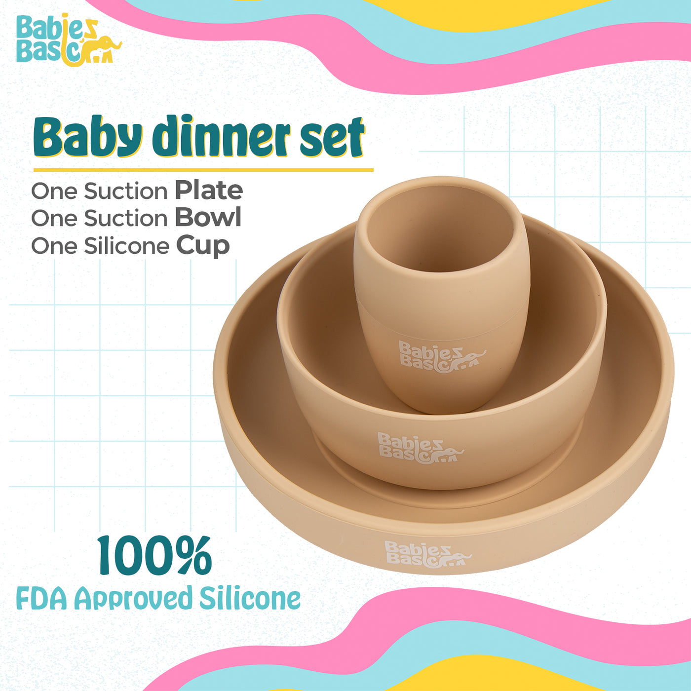 Babies Basic - Silicone Plate, Bowl And Cup Feeding Set - Beige