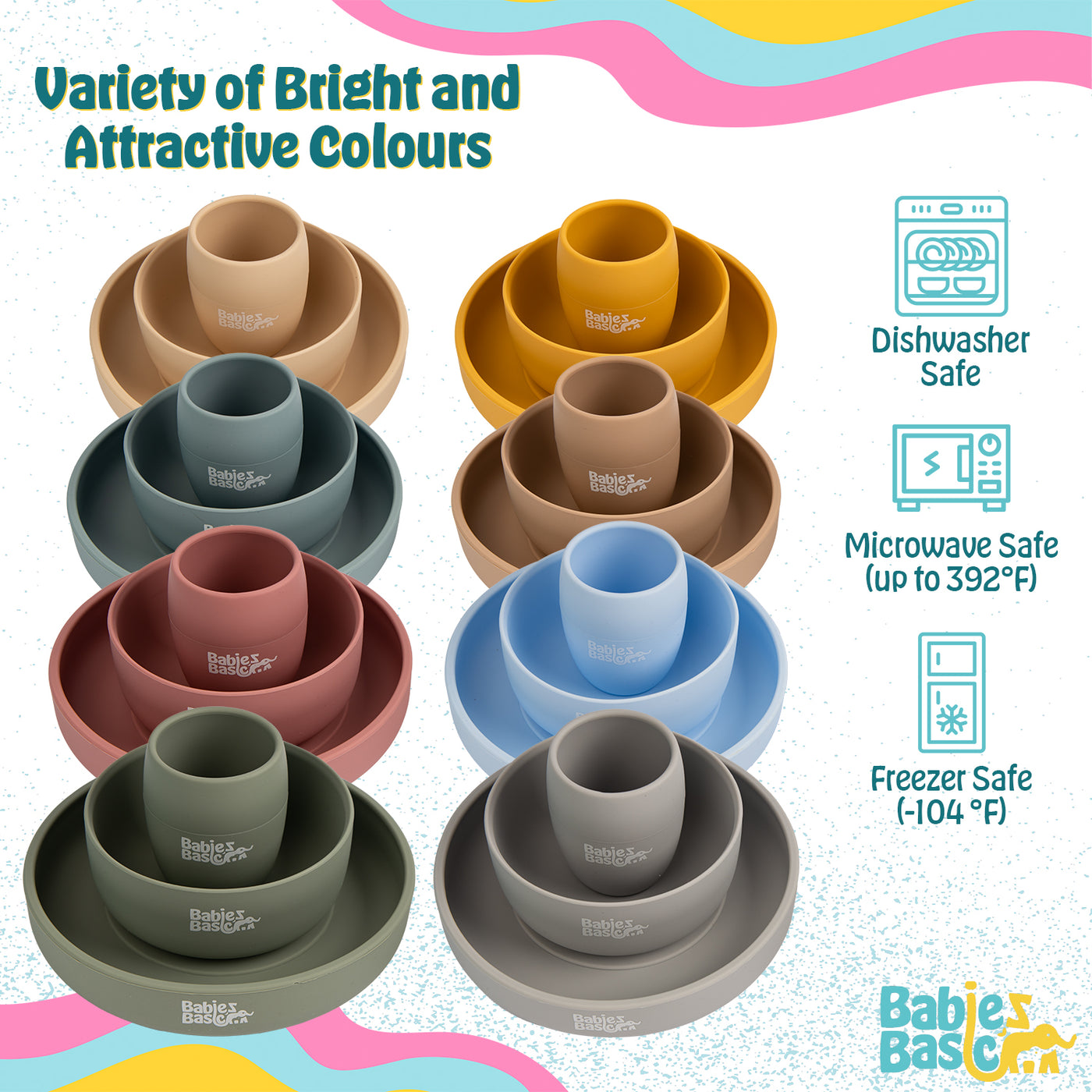 Babies Basic - Silicone Plate, Bowl And Cup Feeding Set - Green