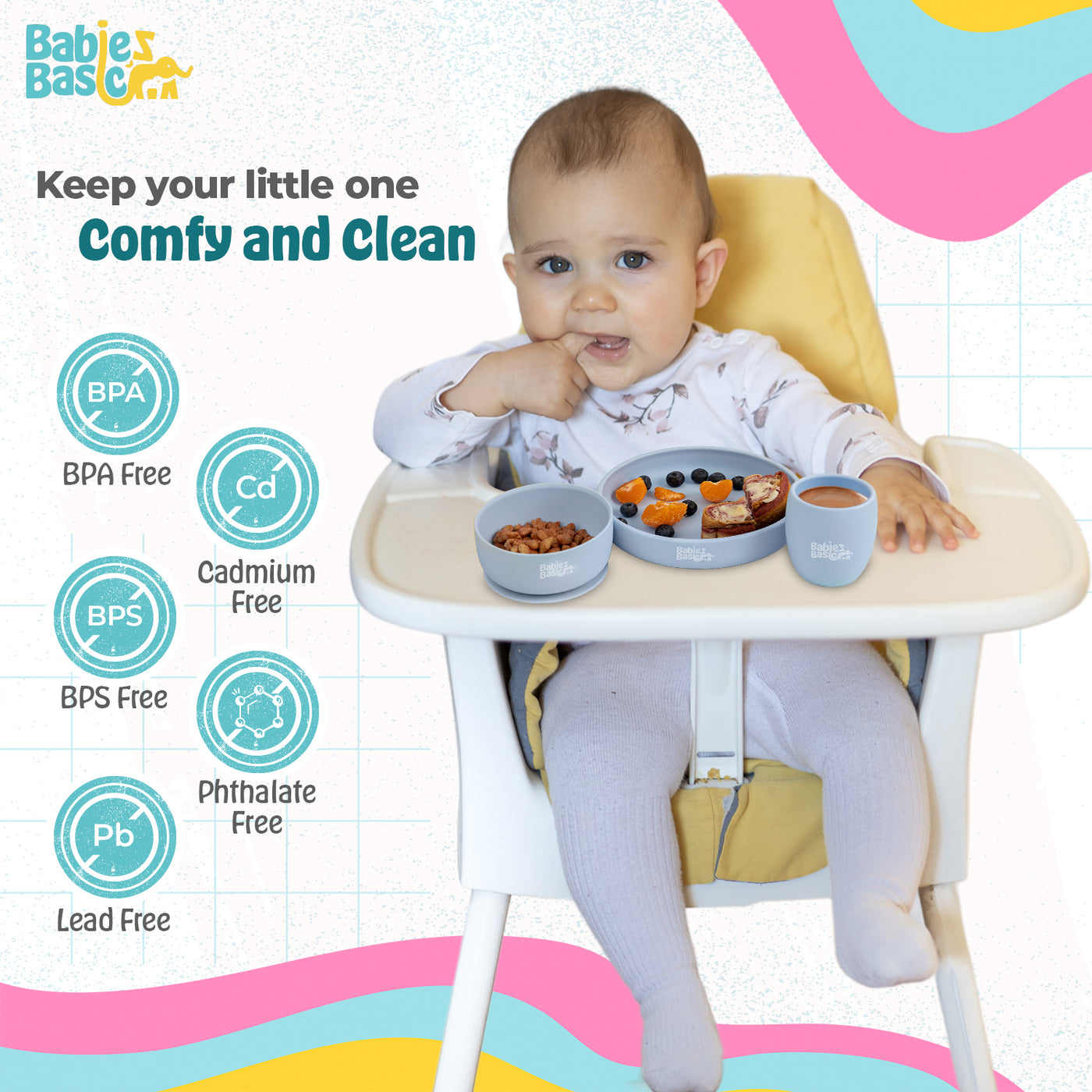 Babies Basic - Silicone Plate, Bowl And Cup Feeding Set - Blue