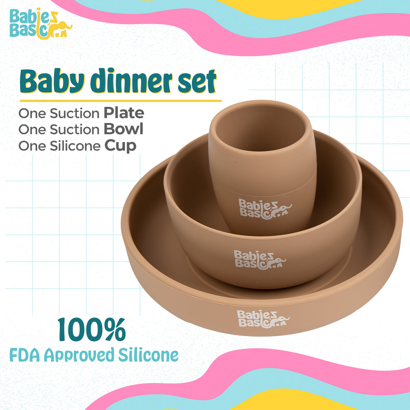 Babies Basic - Silicone Plate, Bowl And Cup Feeding Set - Brown