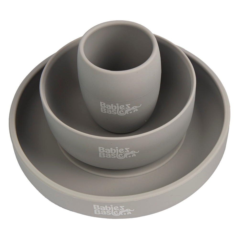 Babies Basic - Silicone Plate, Bowl And Cup Feeding Set - Grey