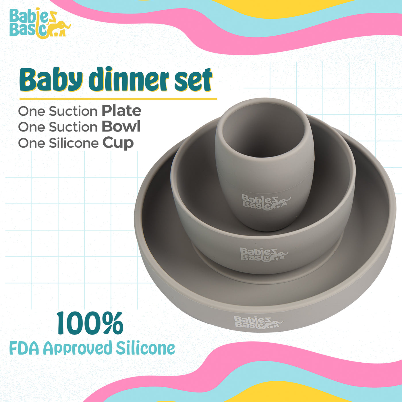 Babies Basic - Silicone Plate, Bowl And Cup Feeding Set - Grey