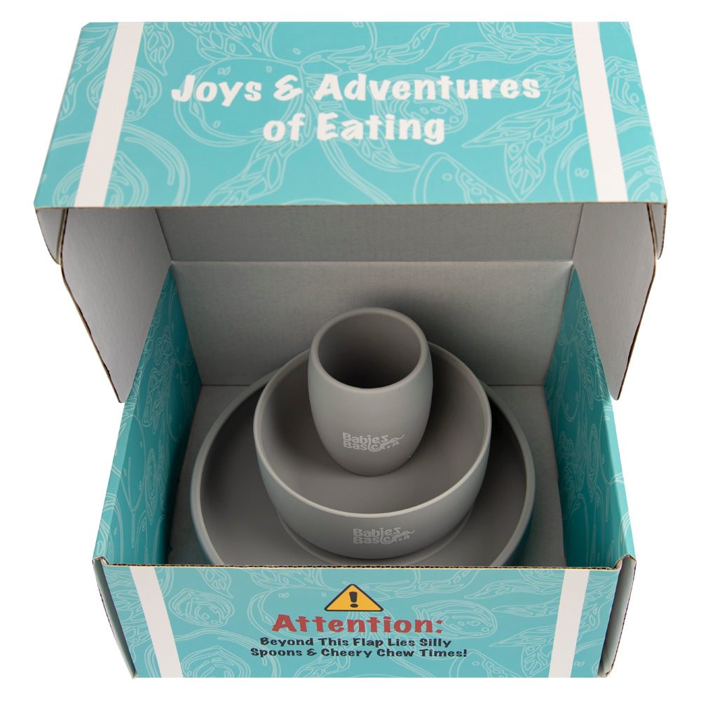 Babies Basic - Silicone Plate, Bowl And Cup Feeding Set - Grey