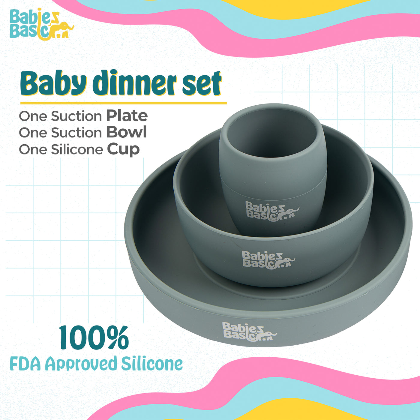 Babies Basic - Silicone Plate, Bowl And Cup Feeding Set - Indigo