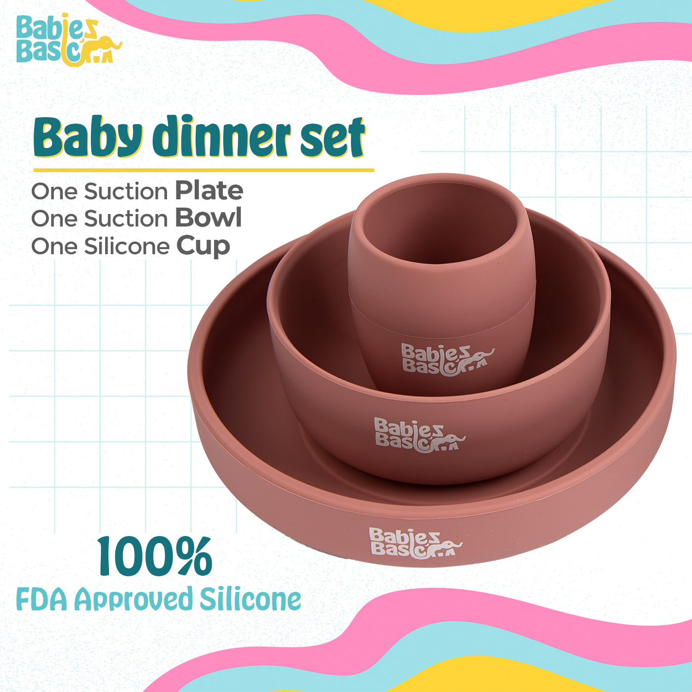 Babies Basic - Silicone Plate, Bowl And Cup Feeding Set - Pink