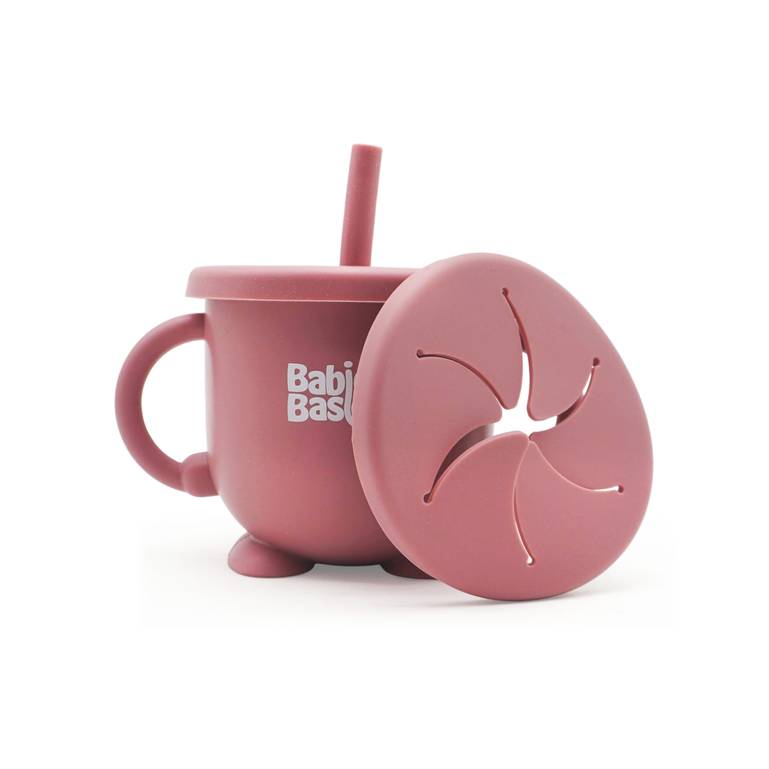 Babies Basic Multi Purpose 2 in 1 Silicone Cup with Straw or a Snack Lid - Dusty Pink