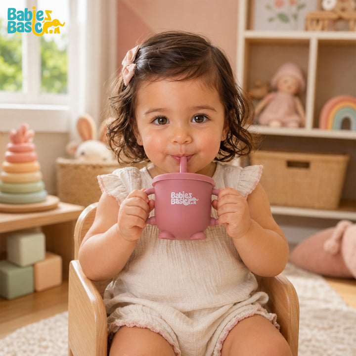 Babies Basic Multi Purpose 2 in 1 Silicone Cup with Straw or a Snack Lid - Dusty Pink