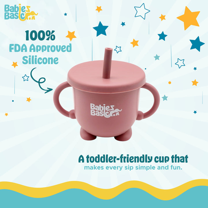 Babies Basic Multi Purpose 2 in 1 Silicone Cup with Straw or a Snack Lid - Dusty Pink