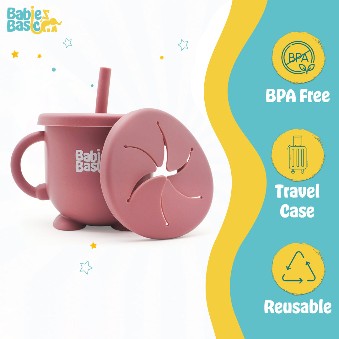 Babies Basic Multi Purpose 2 in 1 Silicone Cup with Straw or a Snack Lid - Dusty Pink