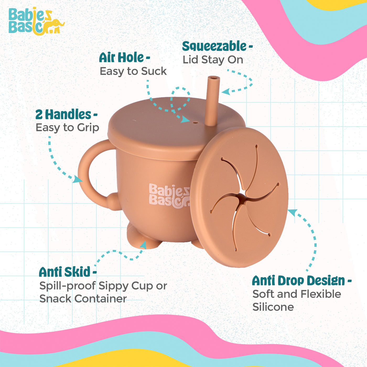 Snack and Training Cup with Straw - Brown | Non-Toxic & Leak-Proof | Perfect for Toddlers |  For Practical and Stylish Mealtimes