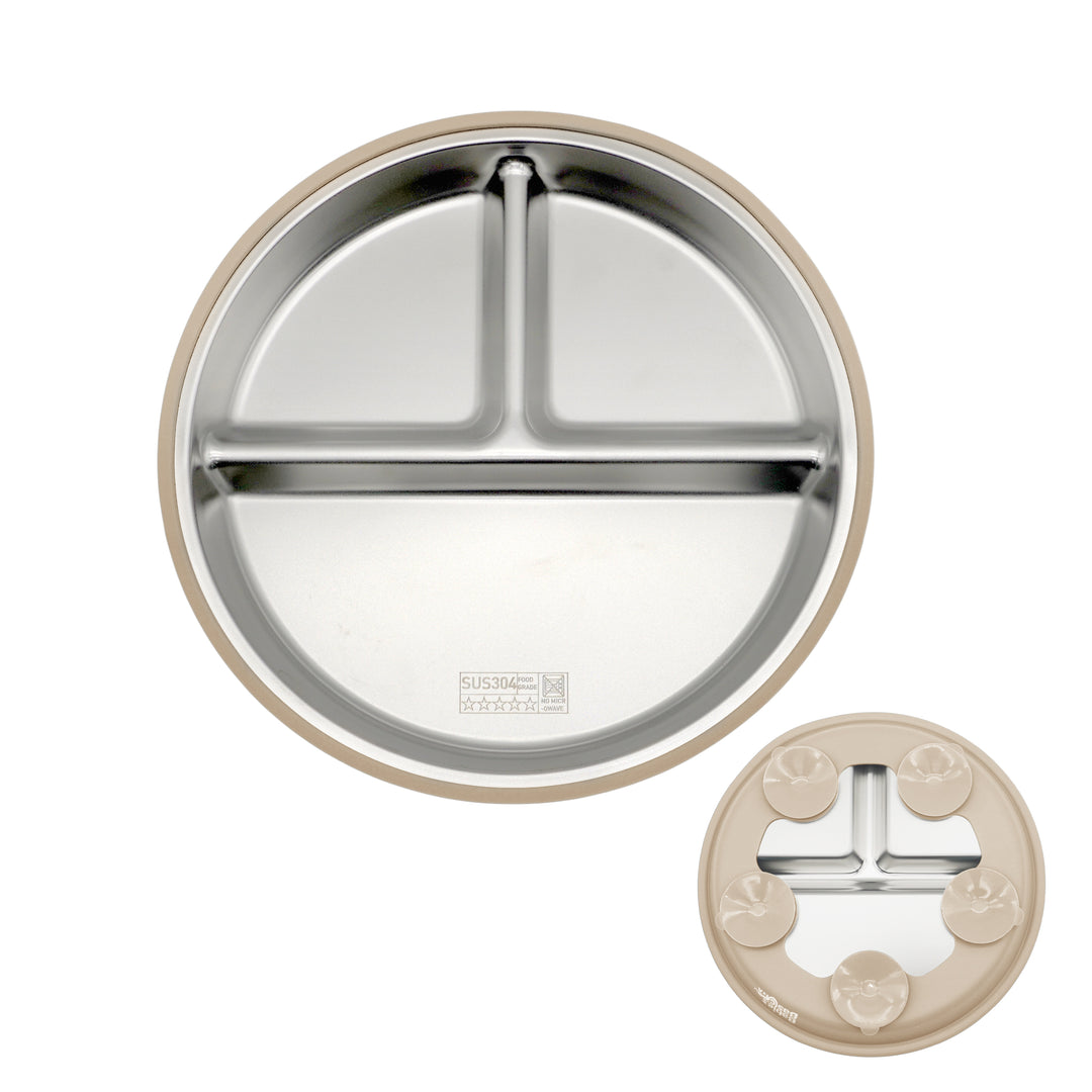 Babies Basic Stainless Steel plate with suction for Kids, Beige